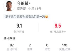 乌纳希全场表现亮眼:两射两正两球进账,吧友评分高达9.5分