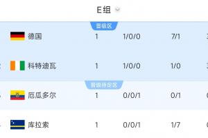 世界杯E组积分排名：德国位居第一，科特迪瓦排名第二，库拉索以-6净胜球位列最后