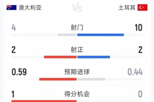 澳大利亚1-0土耳其半场数据：射门次数4比10，射正次数2比2，控球率各占一半