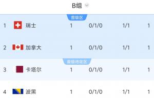 四队各获1分！世界杯B组依纪律及世界排名定序，瑞士因1黄牌位居第一，波黑因3黄牌排名最后