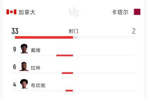 加拿大6-0大胜卡塔尔：全场数据解析：射门33-2 射正10-0 控球率79%-21%