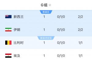四队仅积1分!G组积分排名:新西兰领先,伊朗次之,比利时第三,埃及排名最后