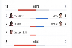 瑞士2-0阿尔及利亚全场数据分析：射门比11-8，射正比5-2，得分机会比2-1