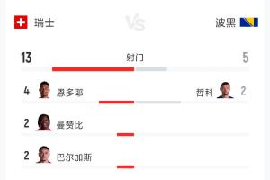 瑞士对阵波黑全场数据：射门13次对5次，射正7次对3次，控球率62%对38%